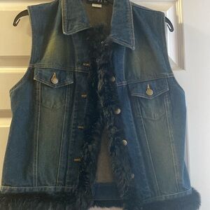 Denim Vest with Faux Fur Trim